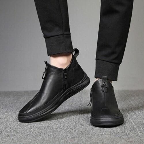 Men Fashion Casual Flat Shoes Faux Leather Low-Top Boots Warm Anti-Slip Soft Mens Boot Black Shoe