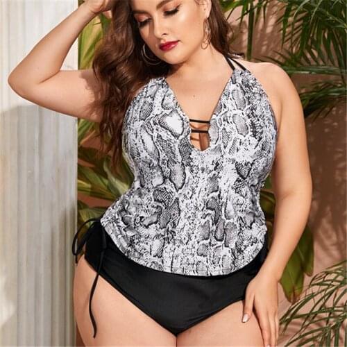 New European and American Ladies plus Size Split Swimsuit Snakeskin Print Cover You Belly with High Waist Halter Bikini Swimwear