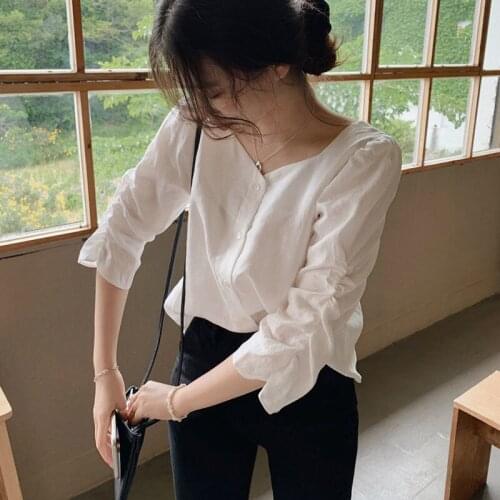 2021 Fall Autumn Basic Shirt Single Breasted Button Tops Cute Preppy Style Japan Korea Chic Vintage Blouse Solid White Women Top