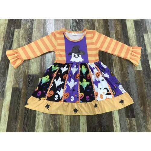 Baby girl Halloween dress with cute ghost print and creepy pumpkin stripes with round neck and plus-length skirt