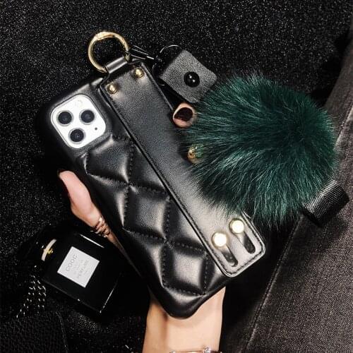 Luxury Brand Leather Wristband Hair ball lanyard For iPhone 12 Mini 11 Pro X XR XS MAX Case For iPhone 7 8 6 s Plus SE2020 Cover