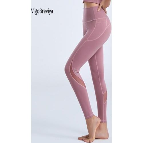 VigoBreviya Sexy Mesh Hollow Sport Yoga Pants Clothing High Waist Pocket Workout Legging Push up Tummy contral Training Leggins