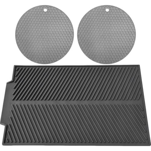 Silicone Dish Drying Mat For Kitchen 16.9 Inchx13.15 Inch And 2 Silicone Trivets/Pot Holders For Kitchen,Heat Resistant