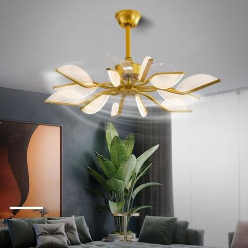 Modern Light Luxury Copper Natural Color Frequency Conversion Ceiling Fan Lamp Living Room Dining Room Bedroom Fan Chandelier