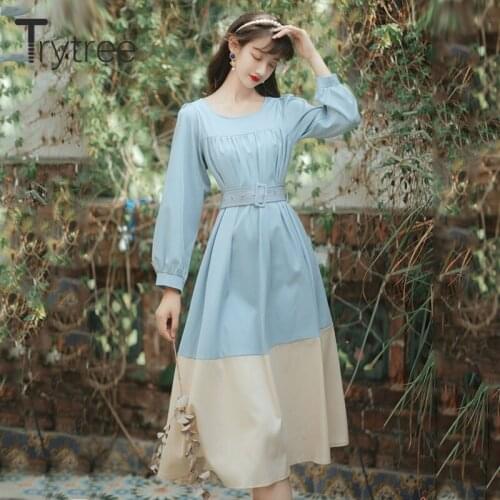 Trytree 2020 Spring Autumn Casual Womens Dress Silky Square Collar Puff Sleeve Patchwork Belt Mid-Calf A-line Sweet Dress