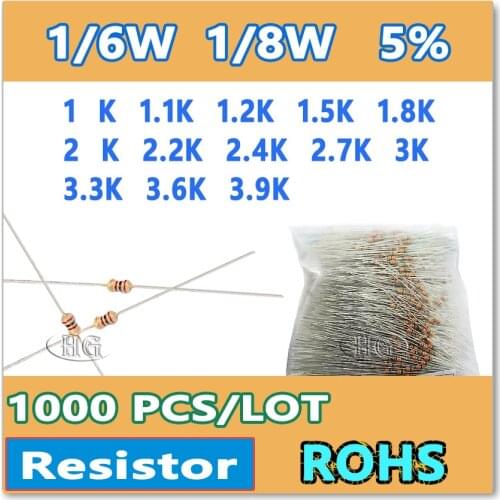 JASNPROSMA 1000PCS/LOT 5% 1/6W 1/8W 1K 1.1K 1.2K 1.5K 1.8K 2K 2.2K 2.4K 2.7K 3K 3.3K 3.6K 3.9K carbon film DIP OHM Resistor