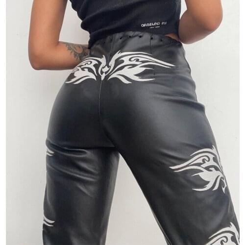 Streetwear Faux PU Leather Y2K Pants Harajuku Grunge Punk High Waist Straight Black Pants Casual Loose Women Trousers