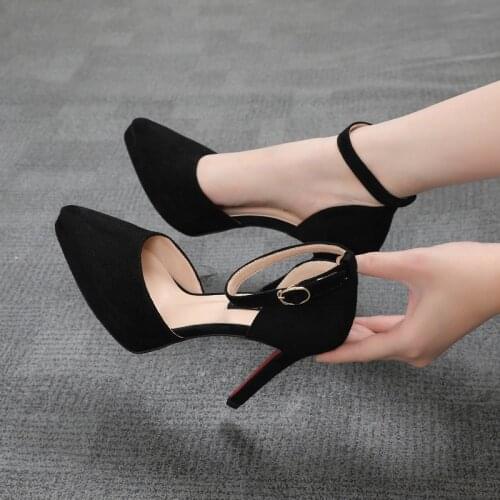Sexy Party Waterproof Platform High Heel Womens Shoes Shallow Mouth Suede Pointed Toe Ankle Strap hollow Femeninas Shoes