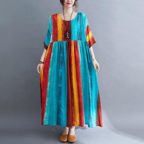 New Loose Casual Summer O-neck Stripe Print Holiday Beach Women Lady Short Sleeve Maxic Larger Size Sundress Long Female Dress