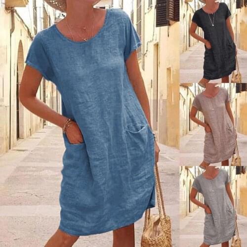 2021 Women Mid-length Dress Solid Color Summer Short Sleeve Round Neck Loose Plus Size Dress Ladies Casual Dress for Daily Wear