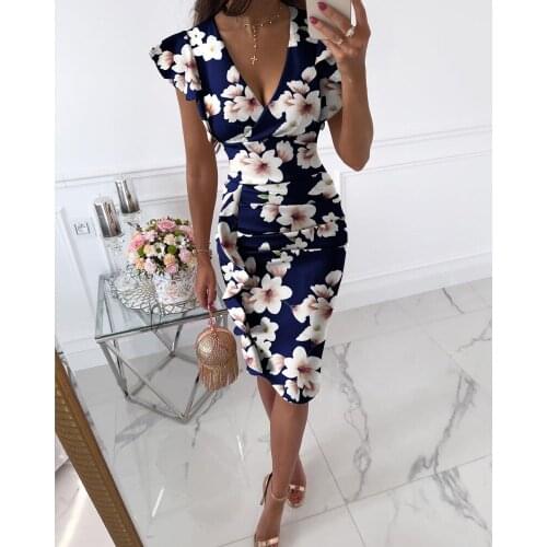 Elegant Ladies Summer V-neck Fashion Slim Fit Waist Waist Ruffled Pleated Dress 2021 Casual Womens Dress Flower Wrap Hip Dress