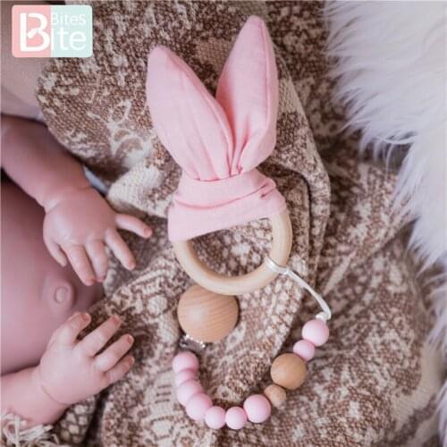 Bite Bites 1PC Baby Pacifier Clip Chains Food Grade Silicone Teether Nipple Cotton Bunny Ear Holder Chain For Baby Birth Gift