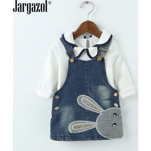 2019 fashion kids babys set long sleeve white shirt with rabbit overall children 2 pcs clothing suit jeans sets clothes for kid
