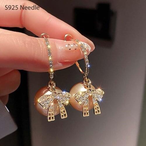 925 Sterling Silver Needle Hoop Earrings for Women Female Jewelry Gold Butterflyknot Pearls Elegant Female Earrings