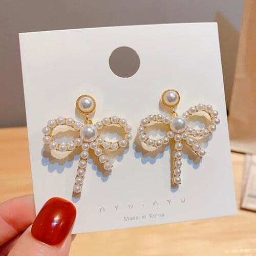AINAMEISI 2021 Fashion Bow Pearl Womens Earrings Temperament Net Red Earrings All-match Pearl Bow Party Jewelry