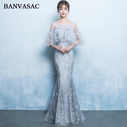 BANVASAC 2018 O Neck Stars Embroidery Mermaid Long Evening Dresses Lace Half Sleeve Backless Party Prom Gowns