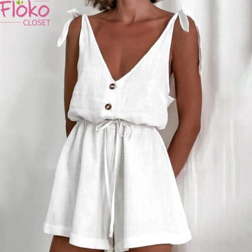Flokocloset Sexy V-Neck Cotton Linen High Waist Lace Up Rompers Summer Spaghetti Straps Backless Jumpsuit Short Bodysuit