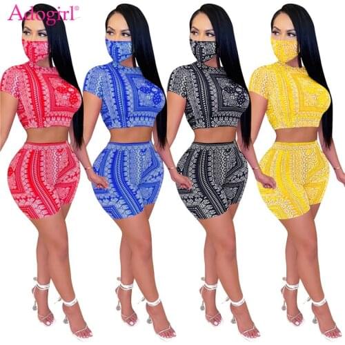 Adogirl Bandana Print Two Piece Set Women Casual O Neck Short Sleeve Tie Backless Crop Top Skinny Shorts Tracksuit Sexy Suit