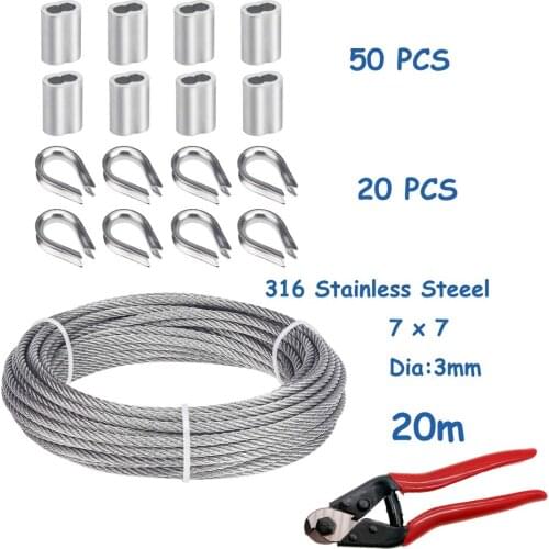 Cable Railing Kits for Hanging Include 1/8" 316 Stainless Steel Wire Rope 50pcs Aluminum Sleeves 20pcs Thimble And Cable Cutter