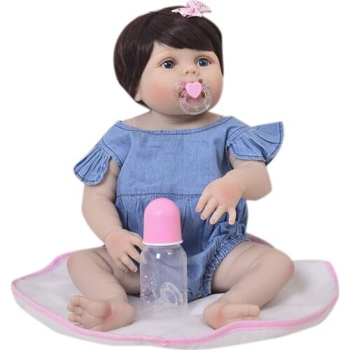 Bebes doll with 55cm rebirth doll, imitation baby, blue denim skirt, hairpin, childrens toys, childrens holiday gifts