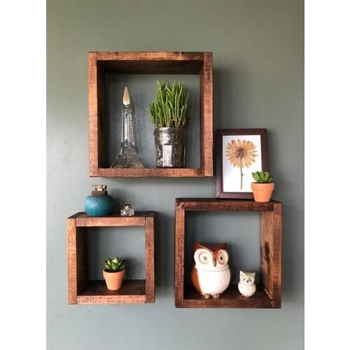 Varnished Natural Wood Decorative Box Design Three Pieces Square Wall Shelf Scandinavian Style Office Bathroom Kitchen 2021