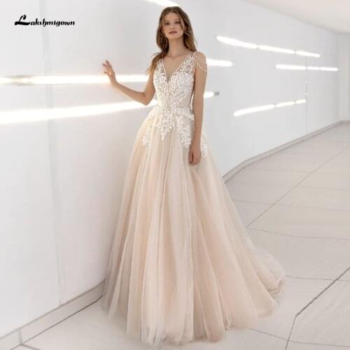 Lakshmigown Classic Champagne Wedding Dress V-Neck Lace Appliques Princess Tulle Long Bridal Dress 2021 Receipt Wedding Gowns