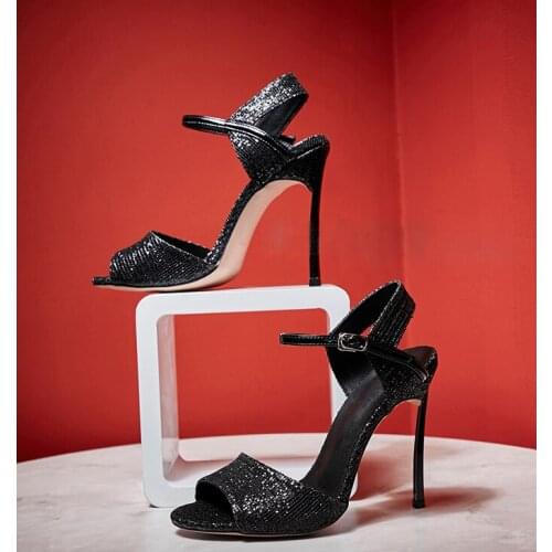 Summer Woman Blade High Heels Silver Black Sequins Sandals Woman Ankle Strap Weding High Heels Gladiator Peep Toe Bling Shoe