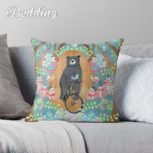Bear Riding Bike With Forest Friends Throw Pillow Cushion Cover Polyester Throw Pillows Case On Sofa Home Living Room Decor