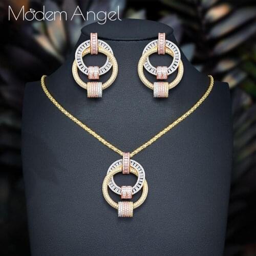 ModemAngel Luxury Twist Braided Lines 2PCS NECKLACE EARRING Sets For Women Accessories Cubic Zirconia Earrings Fashion Jewelry