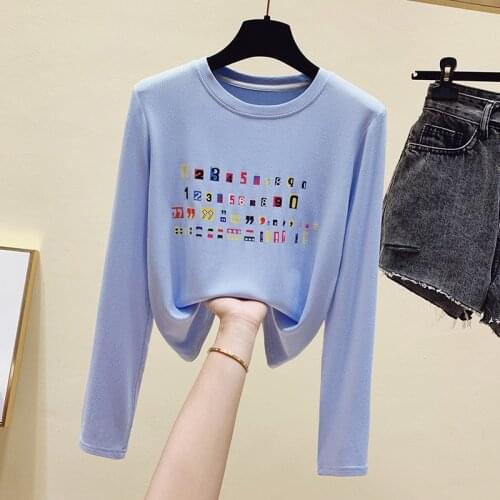 Vogue 2021 Spring Cotton Tops Tee Shirt Femme Printted Slim Women Tshirt Korean Black White Blue O-Neck Long Sleeve T-shirt