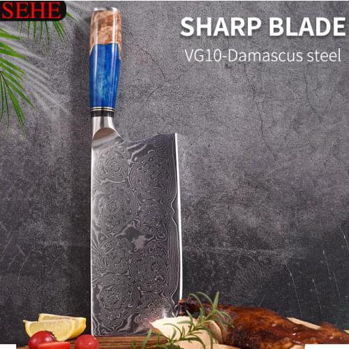 Hож Kitchen Knives-Set Damascus Steel VG10 Chef Knife Cleaver Paring Bread Knife Blue Resin and Color Wood Handle Cooking Tool