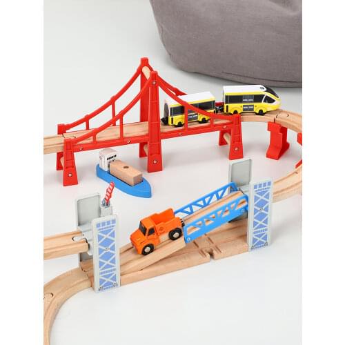 Wooden Fence Double Lift Bridge Bridge Overpass Wooden Train Tracks Railway Toys Set Accessories Overpass Model Kids Toys Gifts