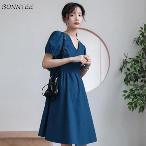 Dress Women Bow Elegant A-line V-neck College Spring Autumn Simple Ins Office Retro Quality All-match BF Fashion Streetwear Soft