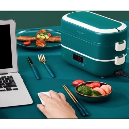 Portable 220V Dual Use Home Electric Heating Lunch Box Rice Food Warmer Cooker 2 Layers 2L Container For Travel School Office