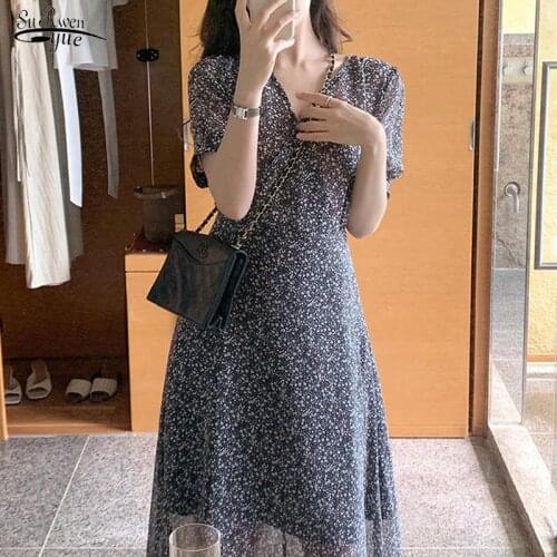 V-neck Floral Chiffon Dresses Women Korean Style Short Sleeve Print Slim Long Dress Female Elegant Casual Dress Robes New 15526
