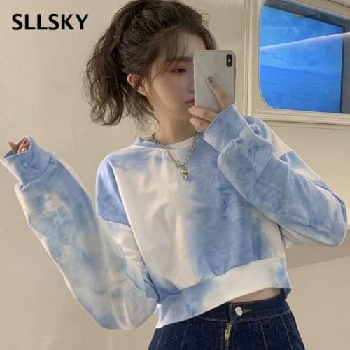 SLLSKY Streetwear Tie Dye Printted Hoodies Women Long Sleeve O-Neck Female Sweatshirts Casual Autumn Ladies Short Cropped Tops