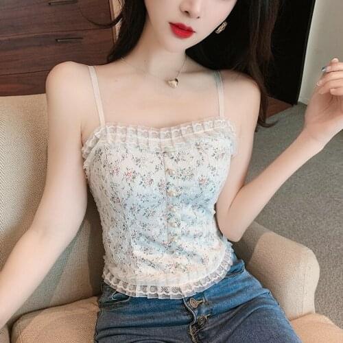 Sexy Lace High-quality Camisole For Women Inner Belt Chest Pad Floral Pearl Embellished Button Top