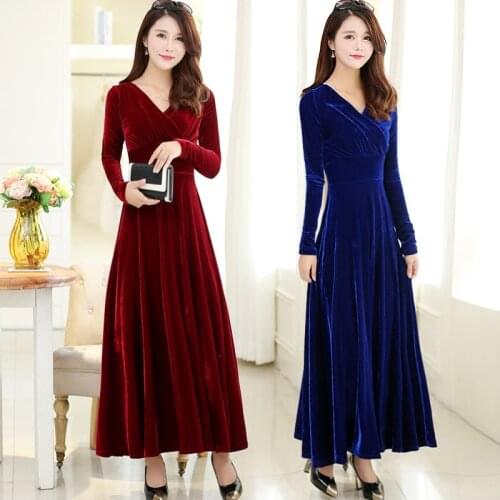 Autumn Vintage V-Neck Long Sleeve Ankle-Length A-Line Gold Velvet Simple Wine Red Blue Black Plus Size Club Coctail Dresse 9639
