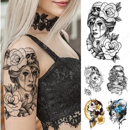 Waterproof Temporary Tattoo Sticker Old School Flash Tattoos Skull Tears Rose Beauty Girl Portrait Body Art Arm Fake Tatoo Women