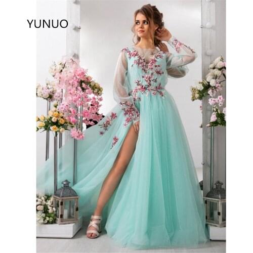 YUNUO Light Mint Tulle Prom Dresses Beaded Lace 3D Flowers Formal A-line Evening Flowy Long Sleeve Party Gowns вечернее платье