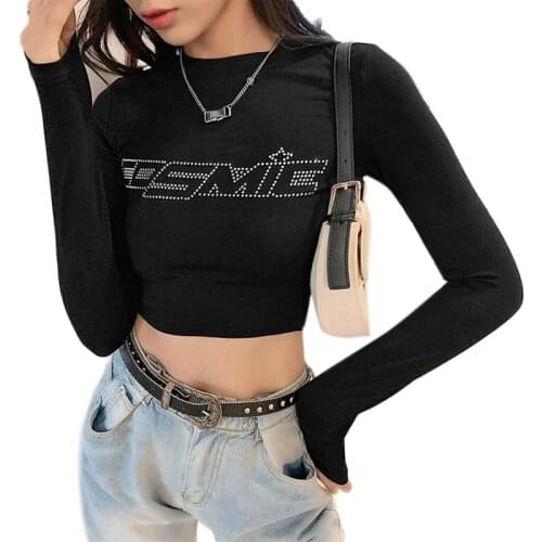 Women Long Sleeve O-Neck T Shirt Rhinestone Cosmic Letters Graphic Slim Crop Top
