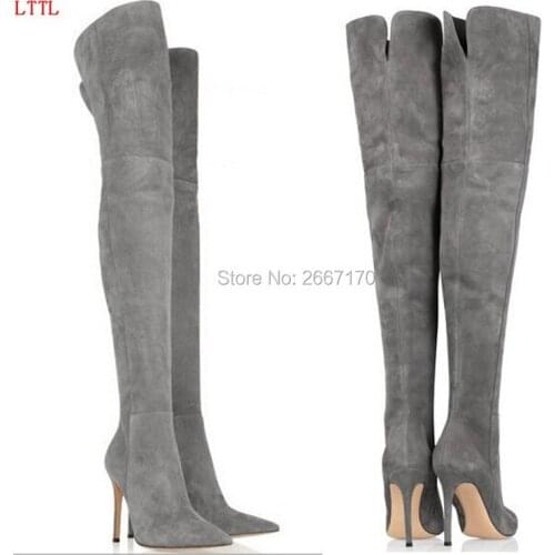 Stylish Sexy Botas Mujer Pointy Toe Shoes Stilettos Autumn Winter Over-the-Knee Women Booties Thin Heel Suede Thigh High Boots