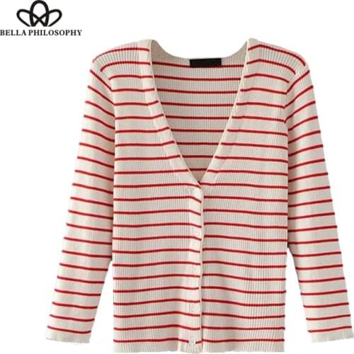 Bella Philosophy Women autumn winter new striped V neck three quarter sleeve knitted slim sweater cardigan buttons
