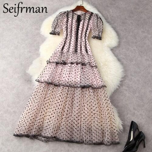 Seifrmann New 2021 Summer Women Fashion Runway Party Maxi Dress Lantern Sleeve Ruffles Lace Elegant Ladies Print Long Dresses