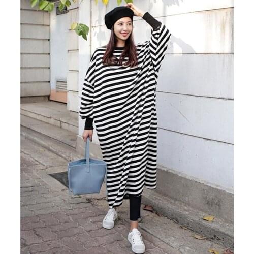 Neatie kiddie Women Straight Stripe Dresses Long Sleeve O-neck Loose Split High Street Fashion Long Dress Female