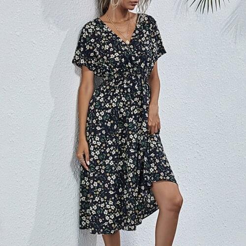 Plus Size Summer Sweet Women Dress Sexy V-neck Print Floral Elastic Waist Dress Women Elegant Mini Dresses Robe Vestido 15020