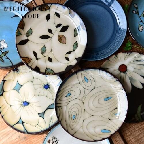 1Pcs Creative Hand-Painted Ceramic 21cm Plate Retro Flower Round Saucer Steak Salad Fruit Cake Sushi Kitchen Tableware