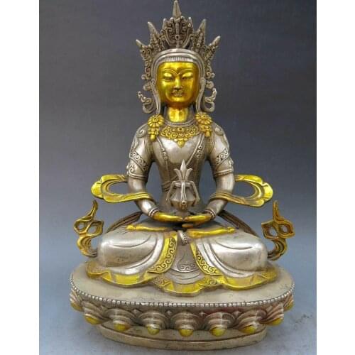 12" China silver gild handwork carved beautiful Medicine Buddha sculpture Statue