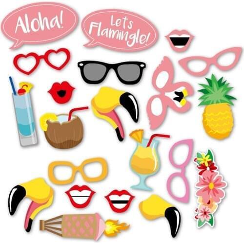 21pcs Summer Hawaii Flamingo Photobooth Props Hawaii Party Decorations DIY Photo Booth Props Wedding Party Supplies