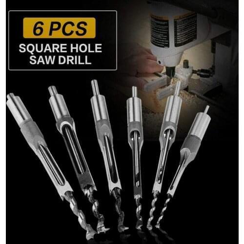 6PCS HSS Twist Drill Bits Set Square Auger Mortising Chisel Drill Set Square Hole Woodworking Drill Tools Kit Set Extended Saw
